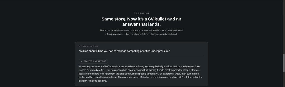 An interview answer and a CV bullet, both drafted from the same captured story