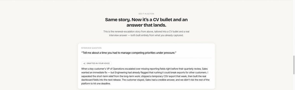 An interview answer and a CV bullet, both drafted from the same captured story