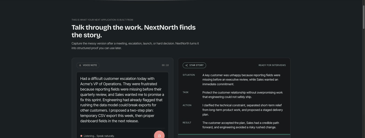 NextNorth turning a 30-second voice note into a structured Situation, Task, Action, Result story