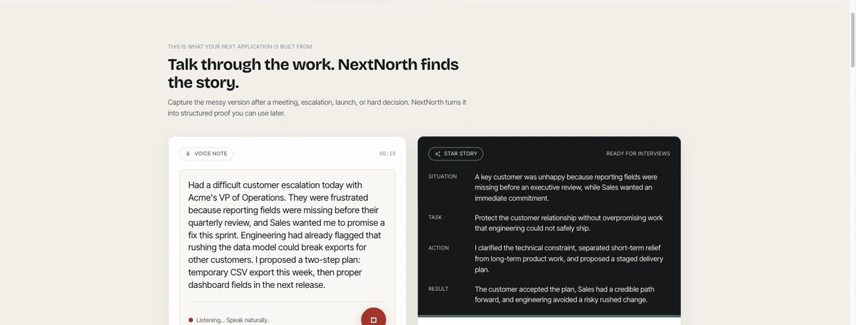 NextNorth turning a 30-second voice note into a structured Situation, Task, Action, Result story